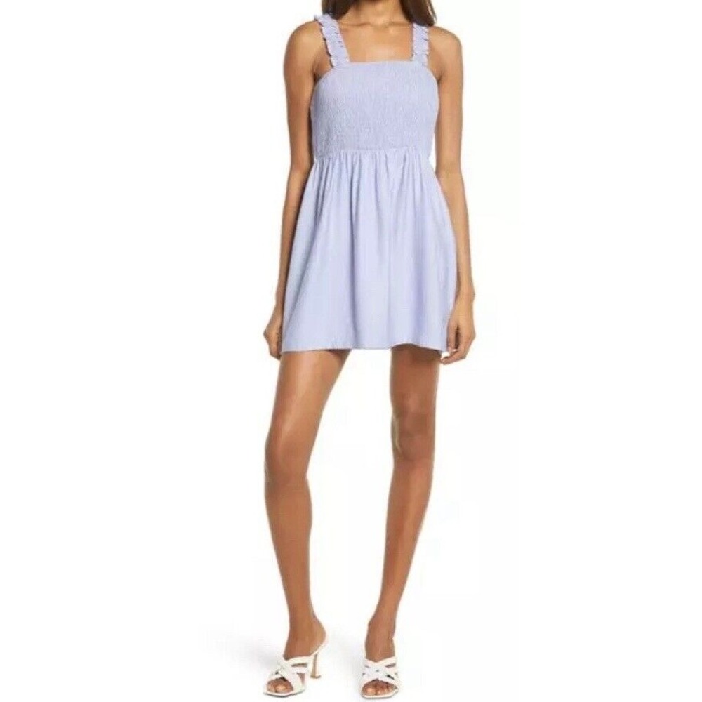 NSR Women Julia Sleeveless Square Neck Smocked Ruffle Mini Dress Lavender M, NWT